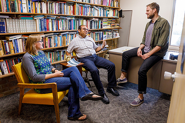 MDiv Connect student Rachelle Lutjens with Safwat Marzoiuk, PhD, associate professor of Old Testament and Jamie Pitts, PhD, associate professor of Anabaptist studies