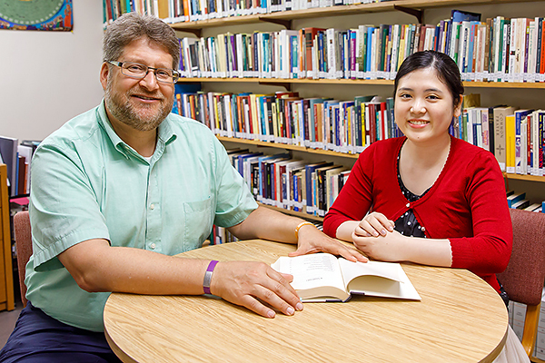 Andy Brubachert Kaethler, associate professor of Christian formation and culture, with student Yukino Ohyama.